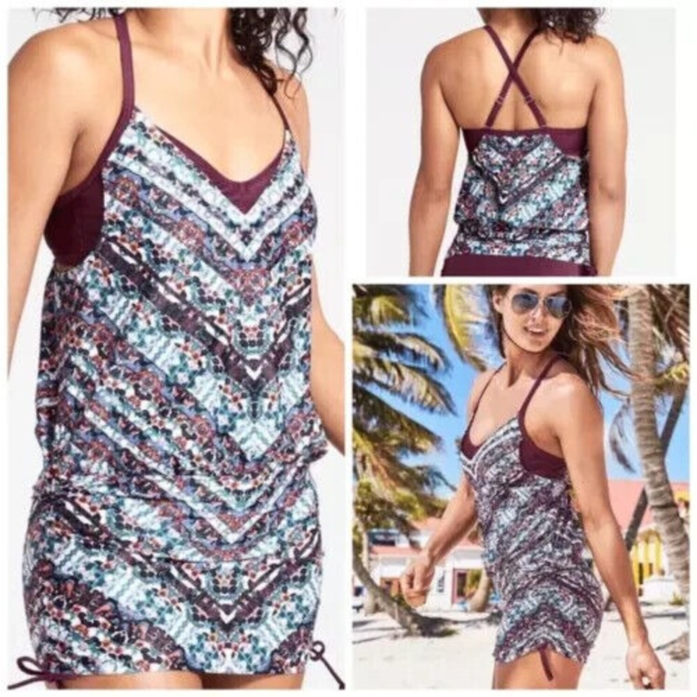Athleta Wild Bloomā Marrakesh Tankini Top/Swim Dress 34 D/DD Purple Geometric